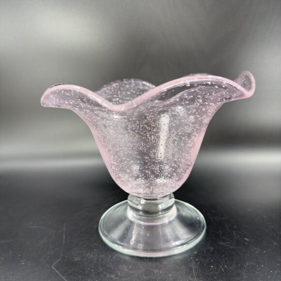Art Glass Clear Footed Bowl Compote Pink Top With Small Bubbles Glass Decor - Picture 8 of 12